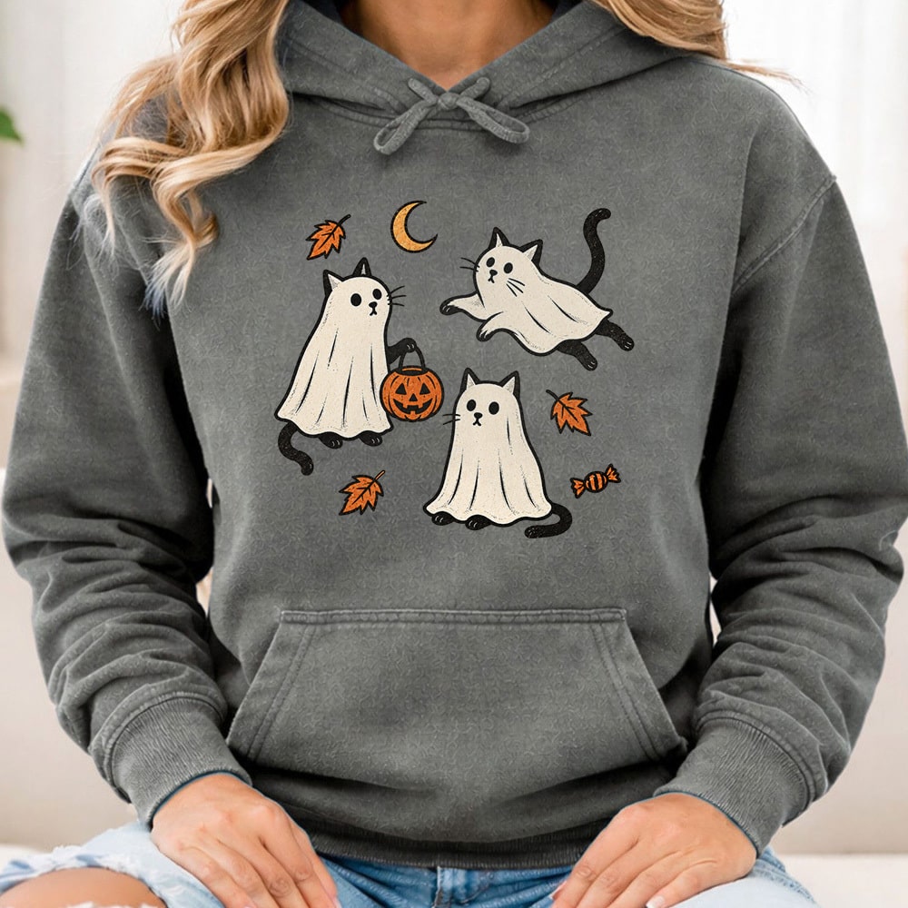 Comfort Colors Playful Ghost Cats Premium Hoodie Grey