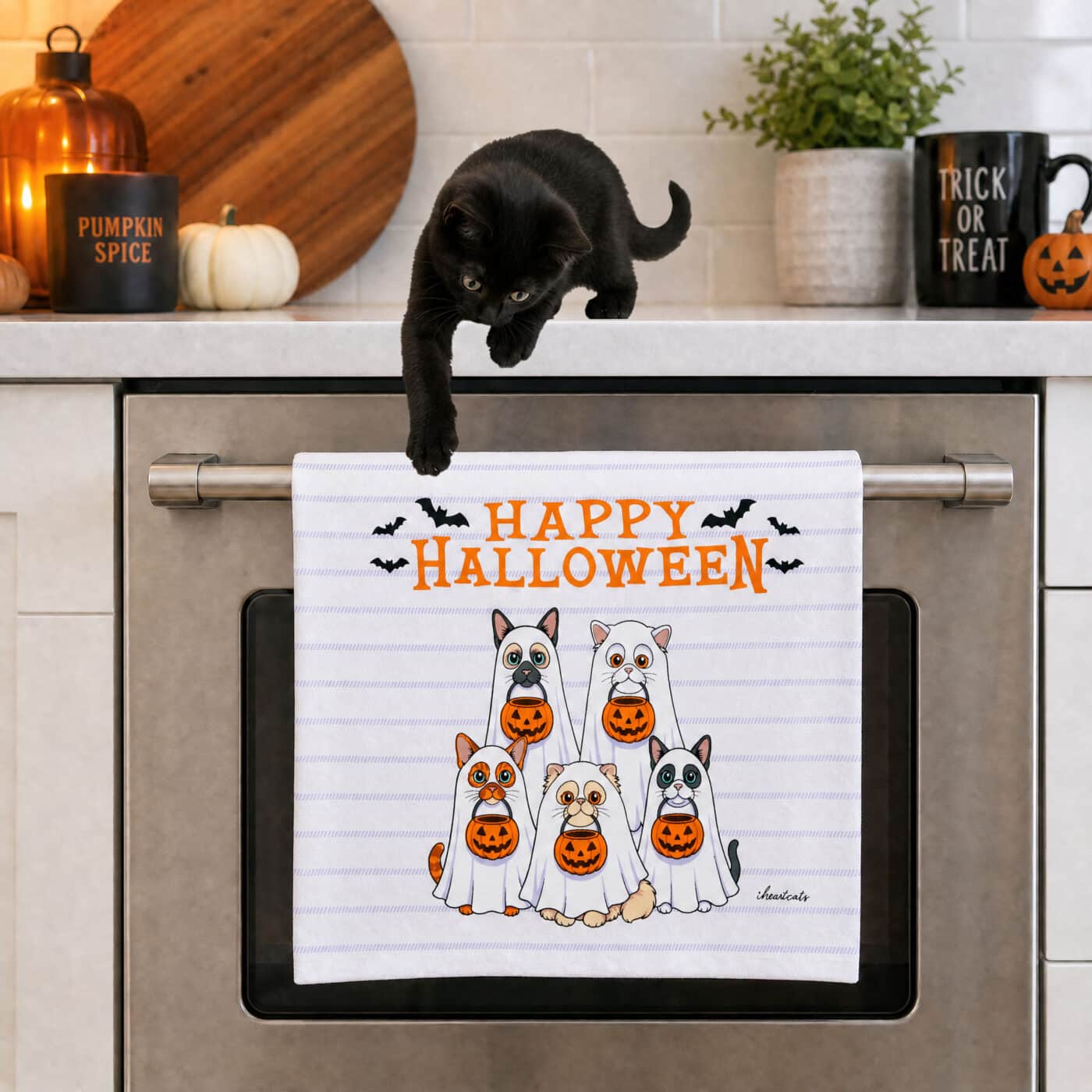 Happy Halloween Pumpkin Kitties Kitchen Towel 28" x 19", Donates 3 Meals to Shelter Cats