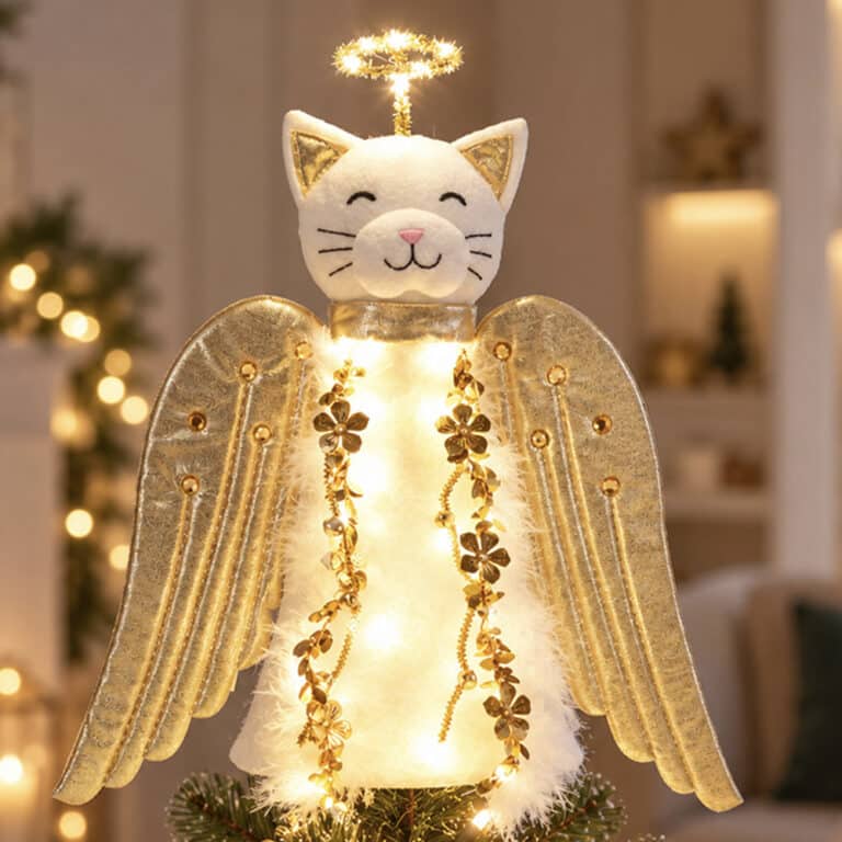 A 'Christmas Miracle Angel' Cat Tree Topper, Holiday Decoration- Golden Wings with Lighted Garland & Halo