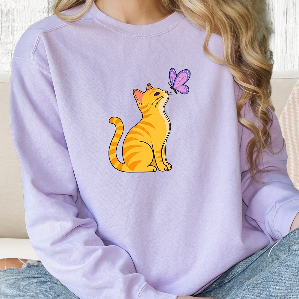 Comfort Colors Cat With Butterfly Premium Sweatshirt - Orchid