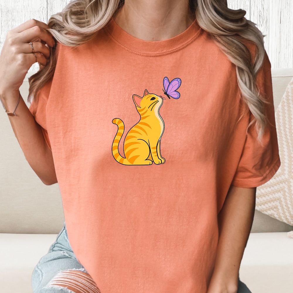 Comfort Colors Cat With Butterfly Vintage Washed Tee - Terracotta