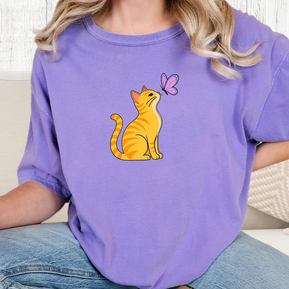 Comfort Colors Cat With Butterfly Vintage Washed Tee - Violet