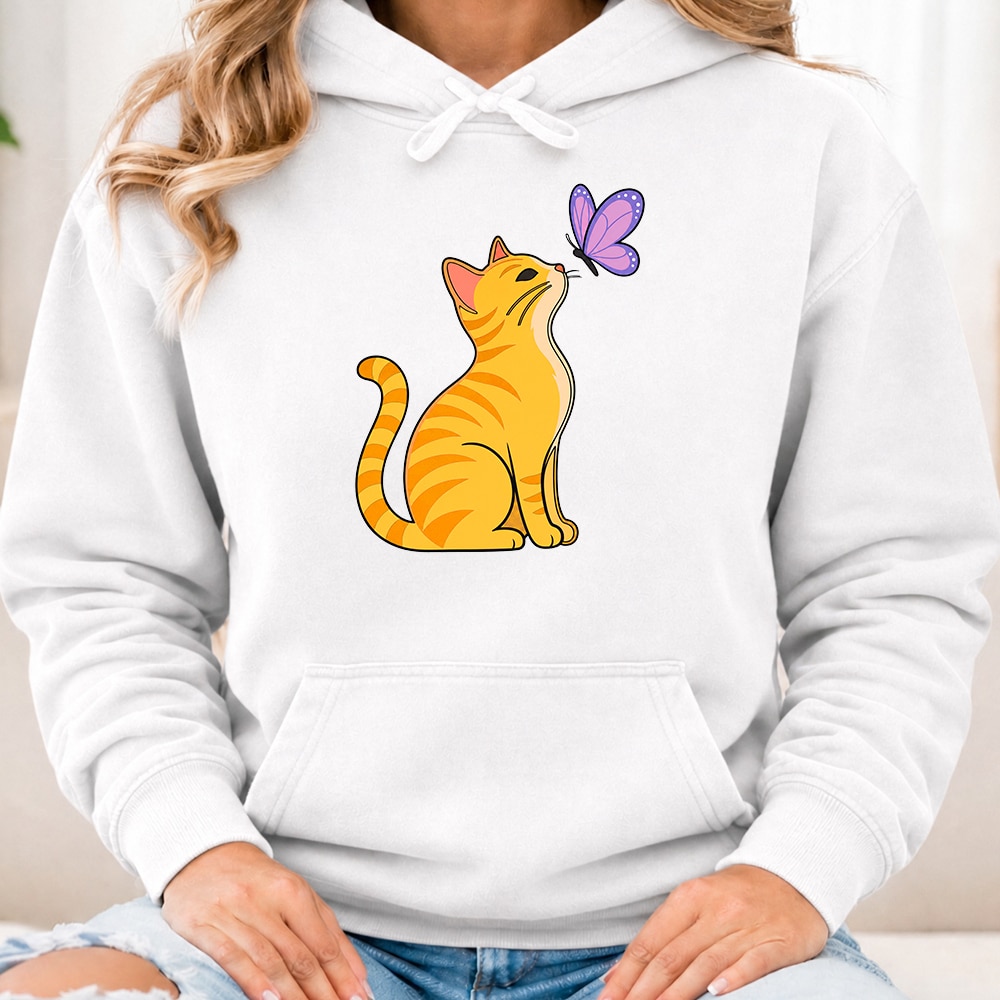 Comfort Colors Cat With Butterfly Premium Hoodie White