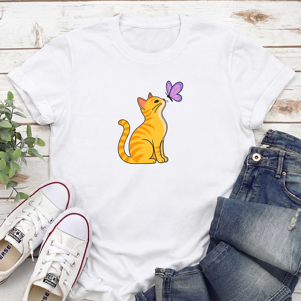 Cat With Butterfly Standard Tee White