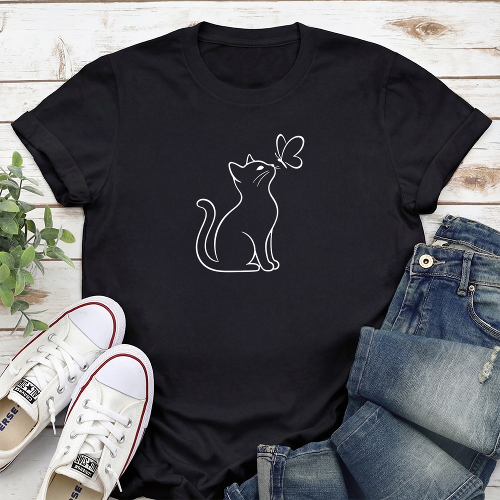 Cat With Butterfly Standard Tee Black