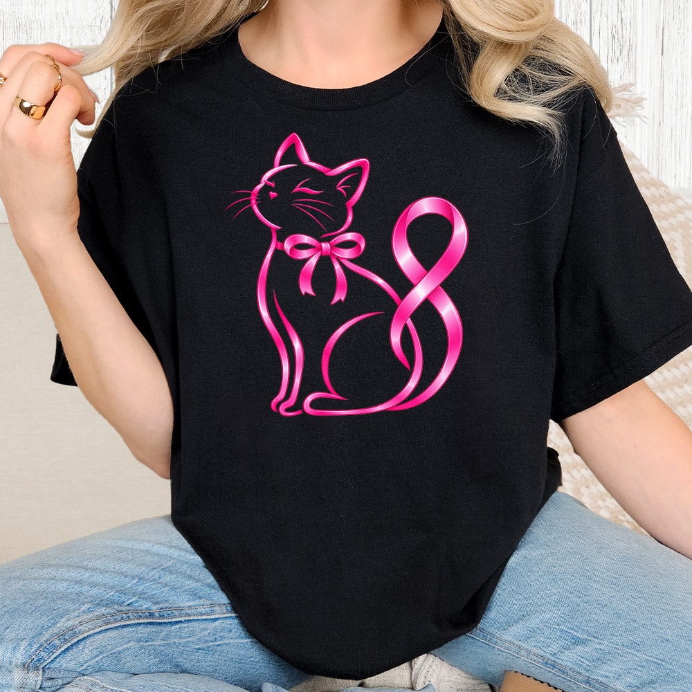 Comfort Colors Pink Kitty Ribbon Vintage Washed Tee - Black
