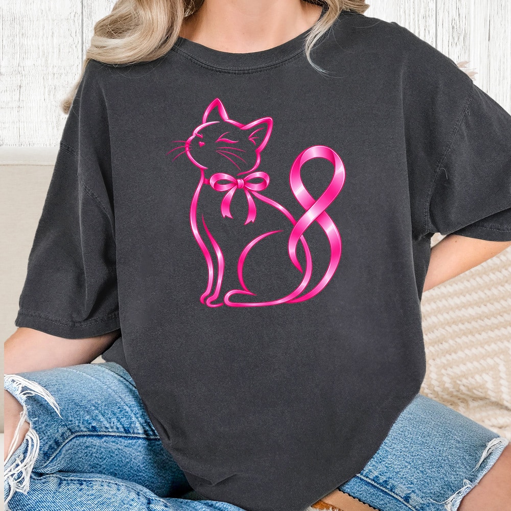 Comfort Colors Pink Kitty Ribbon Vintage Washed Tee - Pepper