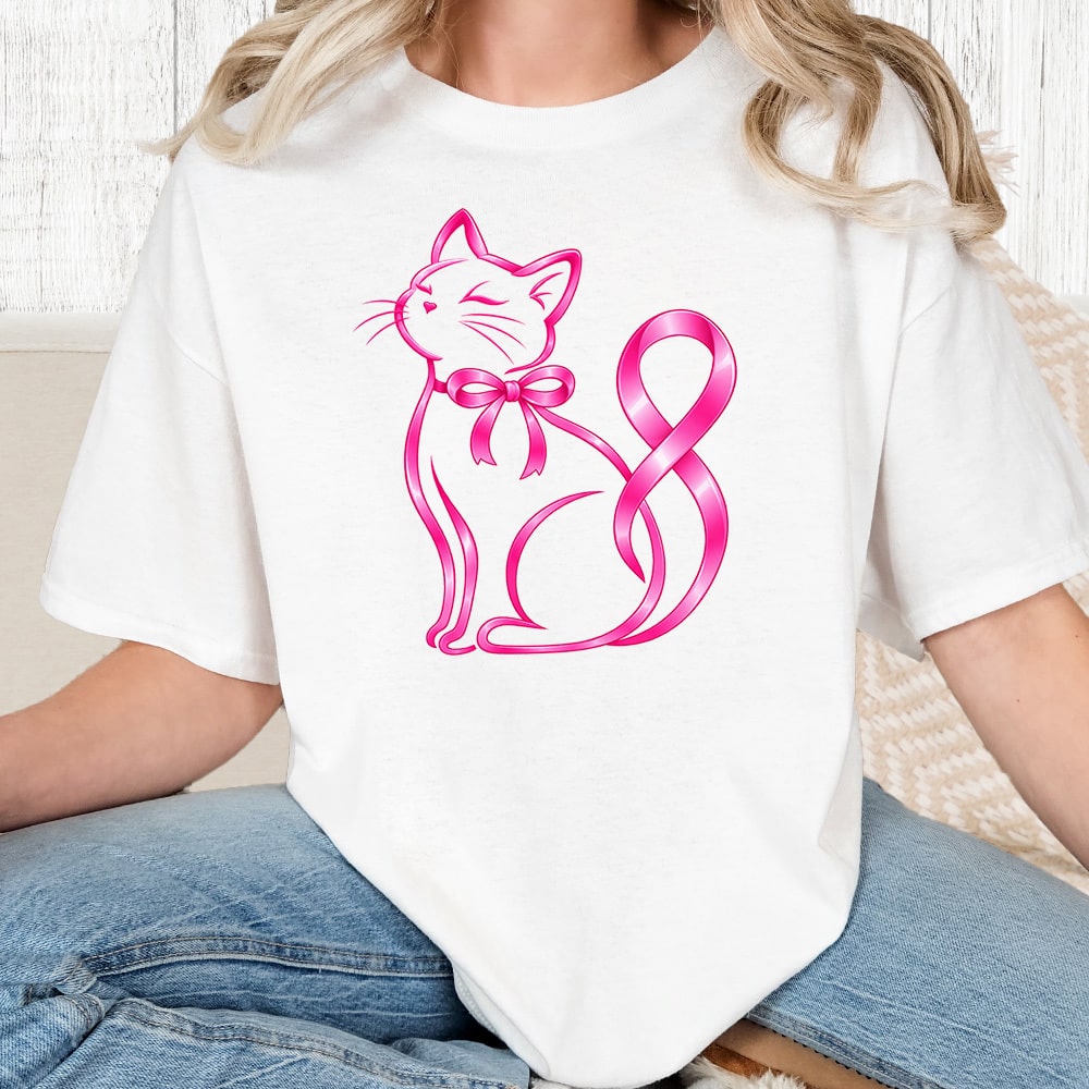 Comfort Colors Pink Kitty Ribbon Vintage Washed Tee - White