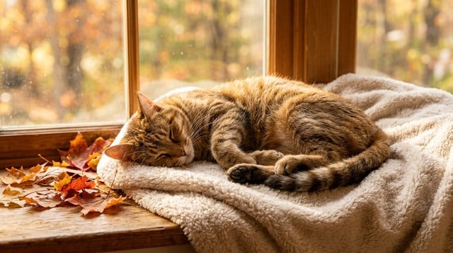 cozy tabby cat resting on autumn blanket by window