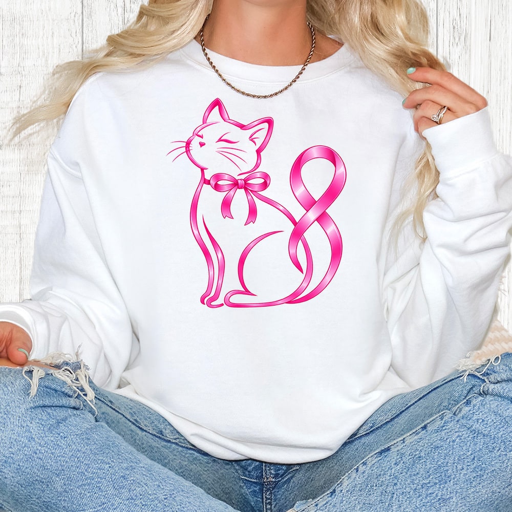 Comfort Colors Pink Kitty Ribbon Premium Sweatshirt - White