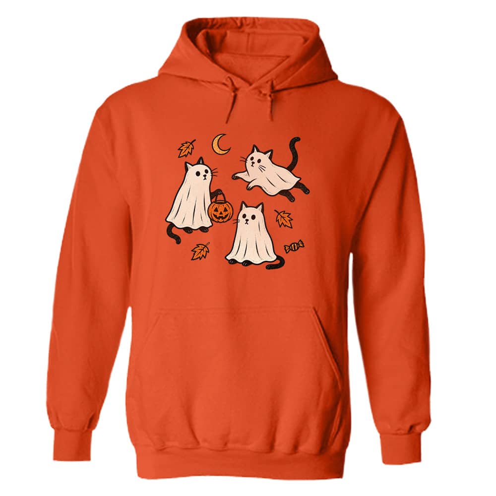 Playful Ghost Cats Hoodie Orange