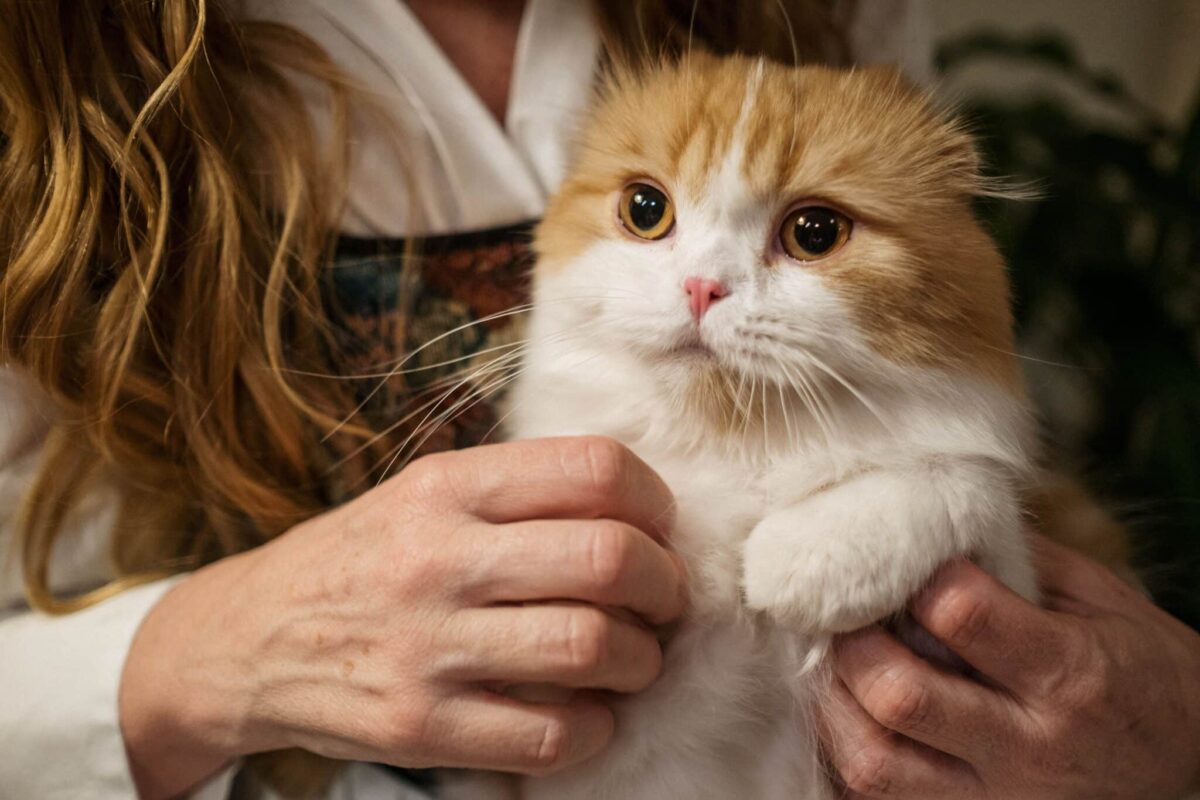 A Scottish Fold Cat sitting with its distinctive folded ears, round face, and large expressive eyes.