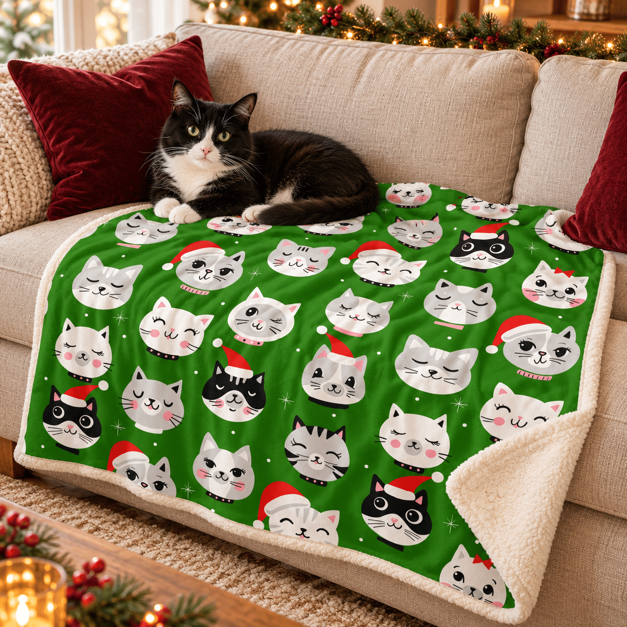 Green Christmas Kitties Premium Sherpa Blanket 30x40