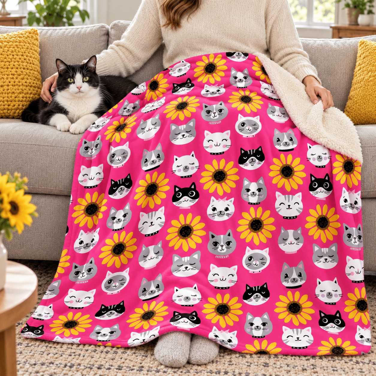 Sunflower Kitties Premium Sherpa Blanket 50x60