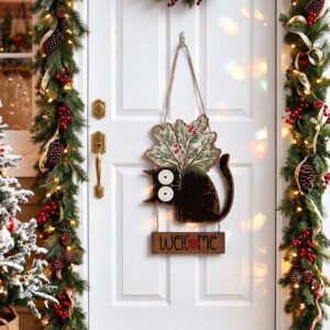 Yookeer Christmas Door Decorations Cat Snow Pine Branches 
