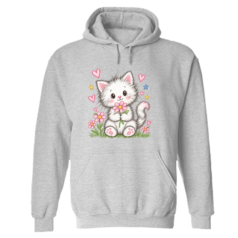 Playful Kitty Flowers Hoodie Heather Grey