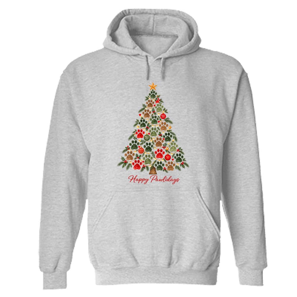 Happy Pawlidays Tree Hoodie Heather Grey