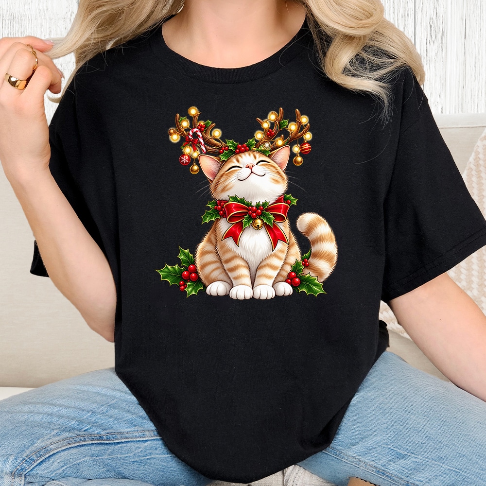 Comfort Colors Cat Reindeer Antlers Vintage Washed Tee - Black