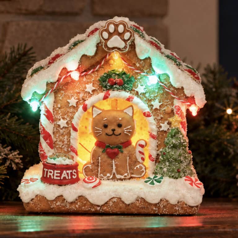 Christmas Gingerbread Cat House- Hand Crafted Resin Gingerbread, Lighted Holiday Decor