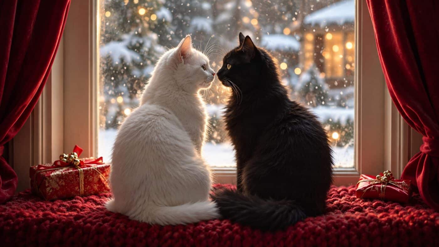 White cat and black cat sitting together on a window seat watching snow fall outside with Christmas lights reflected in the glass 