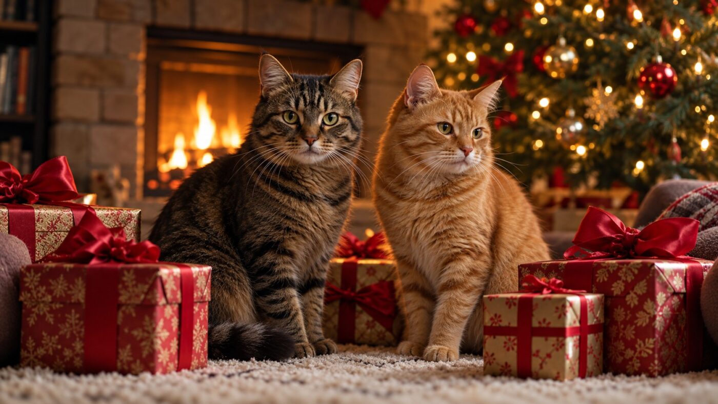 Two tabby cats stading among Christmas present in front of a decorated tree and fireplace