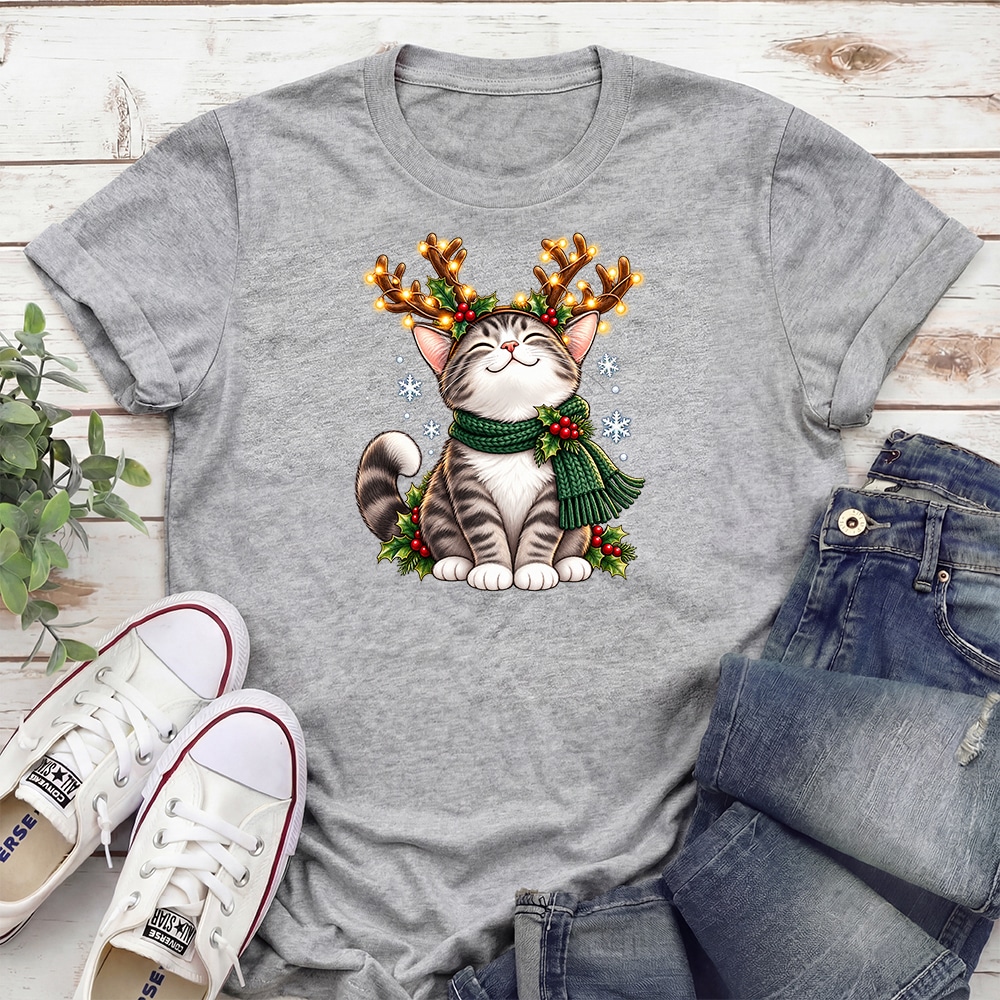 Cat Christmas Antlers Standard Tee Heather Grey