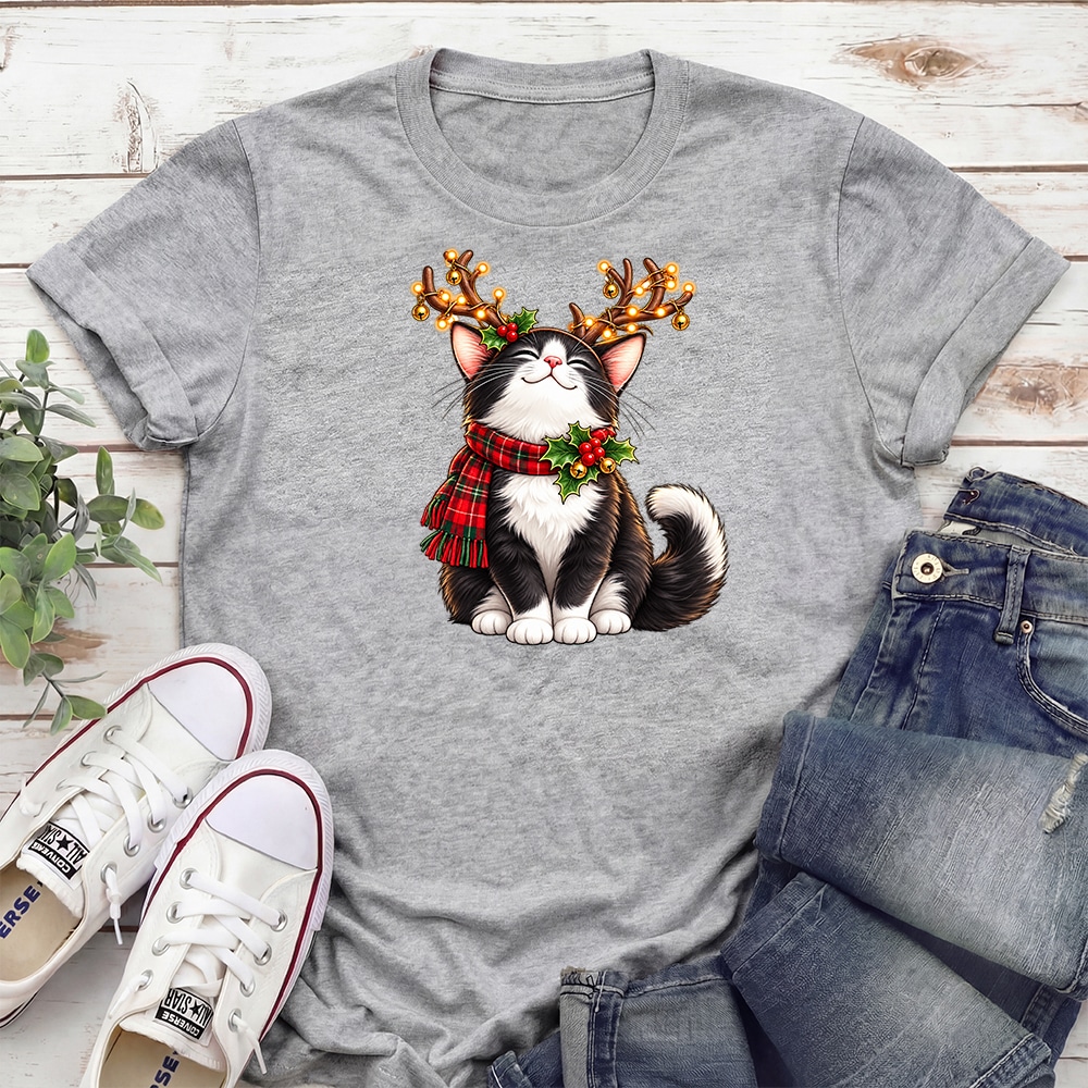 Christmas Kitty Antlers Standard Tee Heather Grey