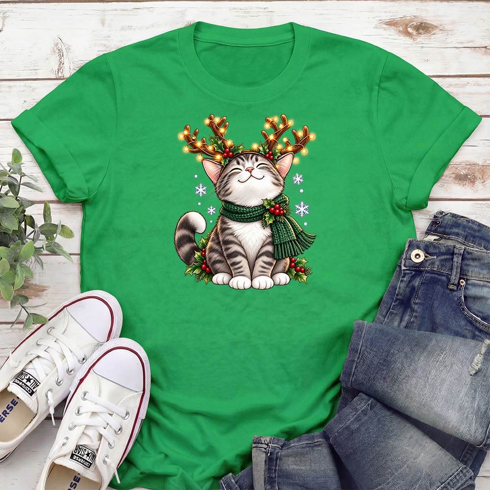 Cat Christmas Antlers Standard Tee Green