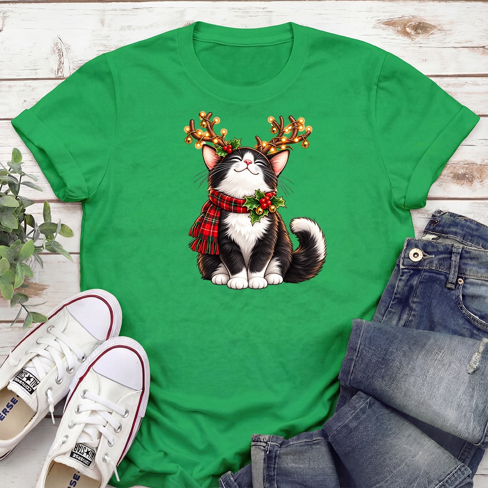 Christmas Kitty Antlers Standard Tee Green