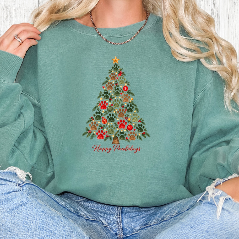 Comfort Colors Happy Pawlidays Tree Premium Sweatshirt - Light Green