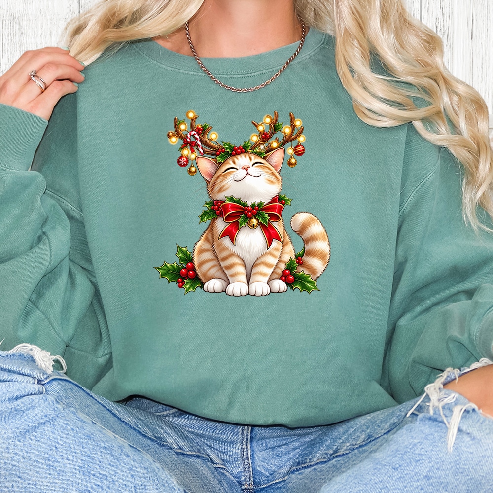 Comfort Colors Cat Reindeer Antlers Premium Sweatshirt - Light Green