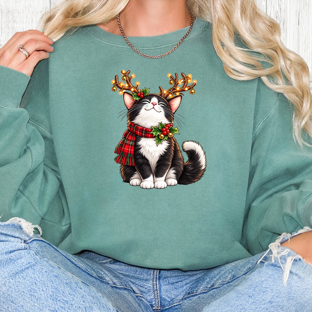 Comfort Colors Christmas Kitty Antlers Premium Sweatshirt - Light Green