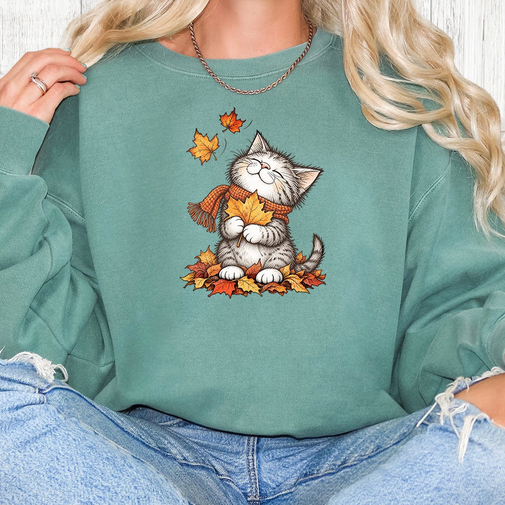Comfort Colors Fall Kitty Leaves Premium Sweatshirt - Light Green