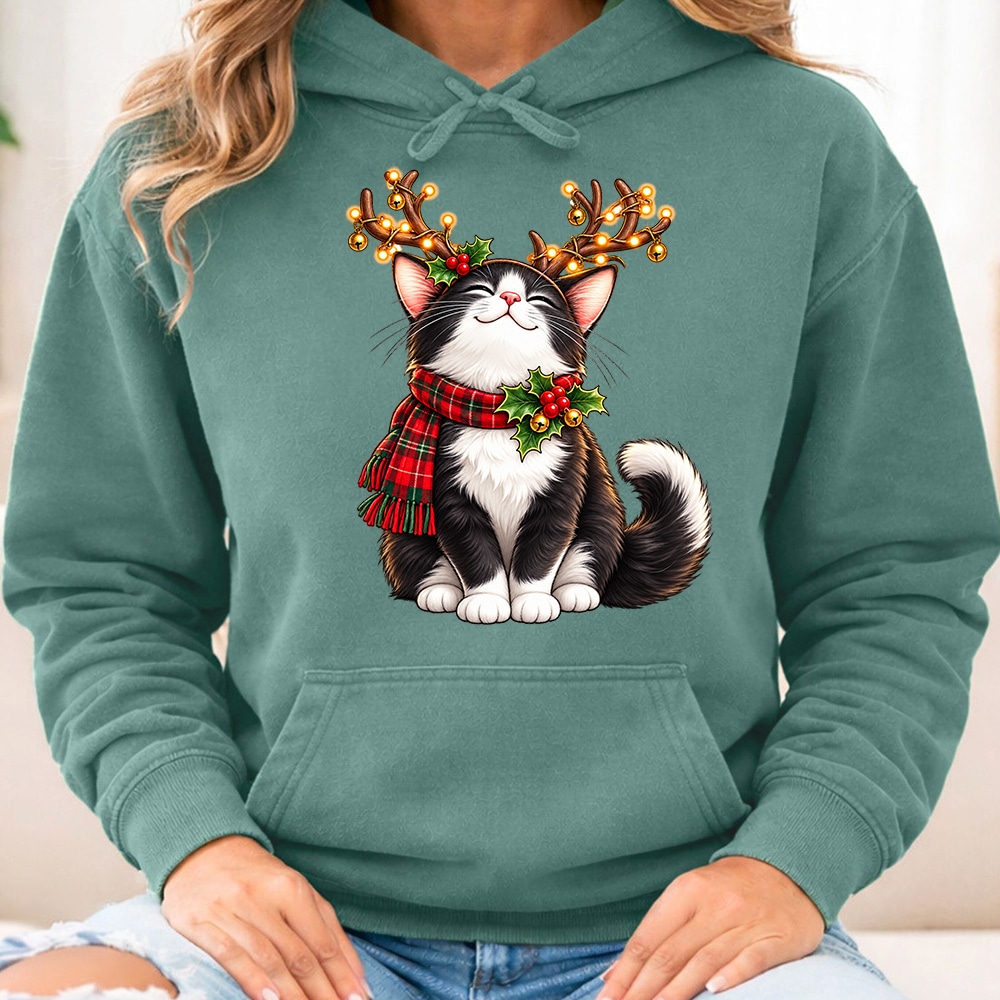 Comfort Colors Christmas Kitty Antlers Premium Hoodie Light Green