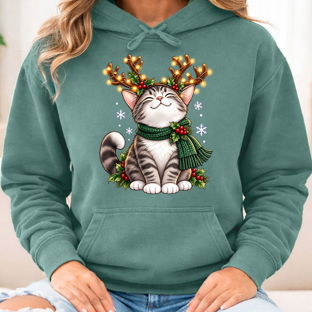 Comfort Colors Cat Christmas Antlers Premium Hoodie Light Green
