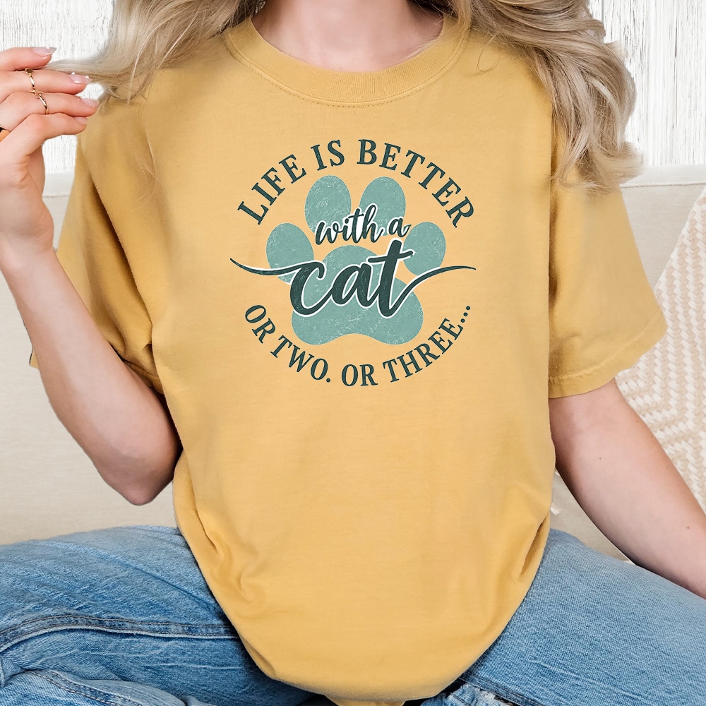 Comfort Colors Life Is Better With A Cat. Or Two. Or Three. Vintage Washed Tee - Mustard