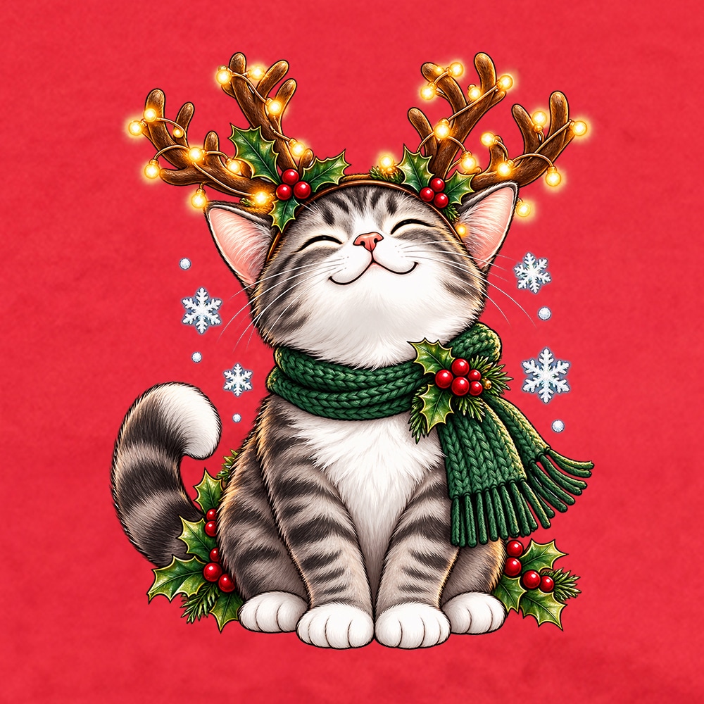 Cat Christmas Antlers Standard Tee Red - Image 2