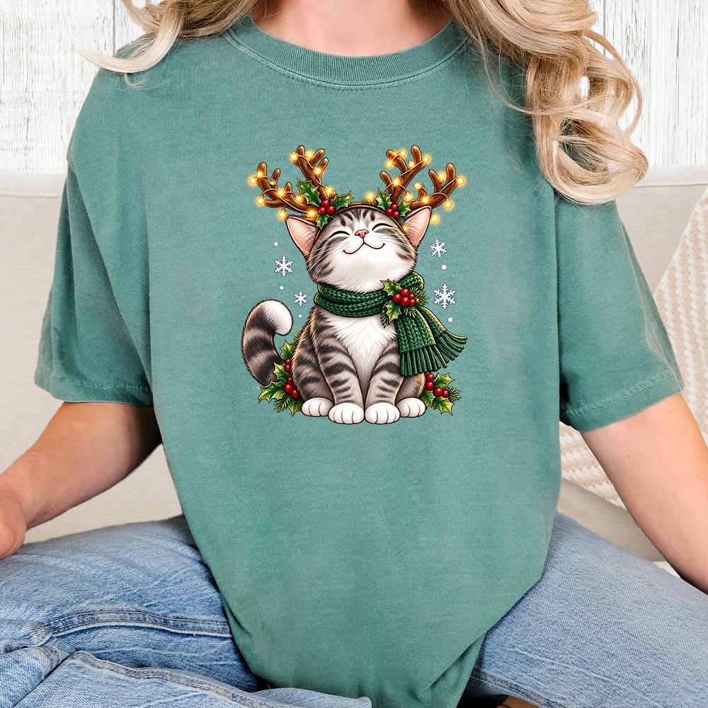 Comfort Colors Cat Christmas Antlers Vintage Washed Tee - Seafoam