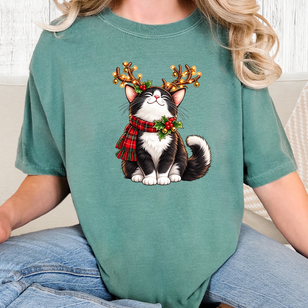 Comfort Colors Christmas Kitty Antlers Vintage Washed Tee - Seafoam