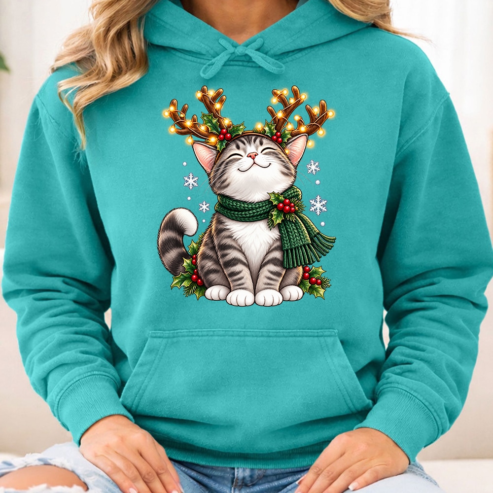Comfort Colors Cat Christmas Antlers Premium Hoodie Seafoam