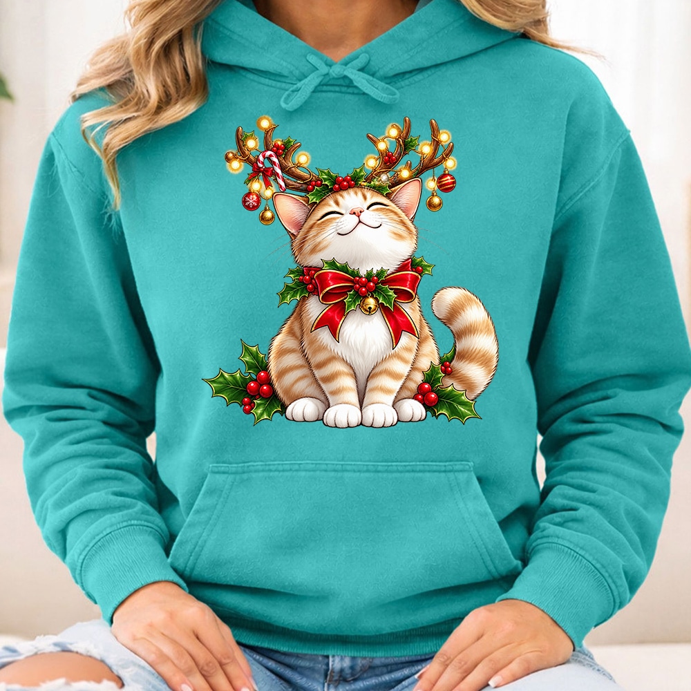 Comfort Colors Cat Reindeer Antlers Premium Hoodie Seafoam