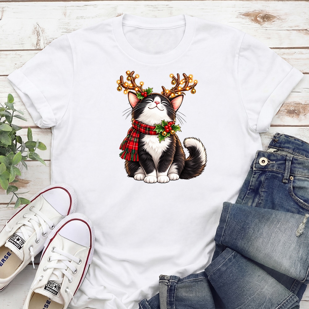Christmas Kitty Antlers Standard Tee White