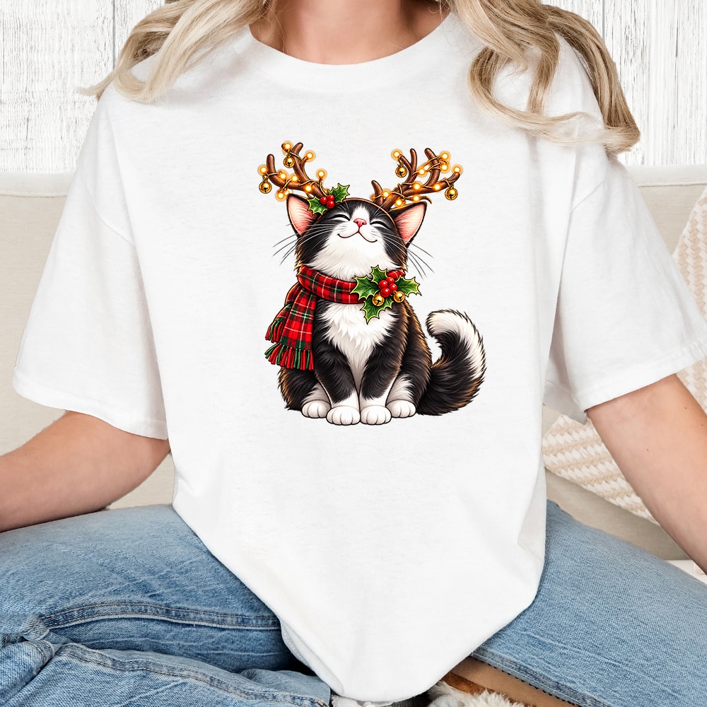 Comfort Colors Christmas Kitty Antlers Vintage Washed Tee - White