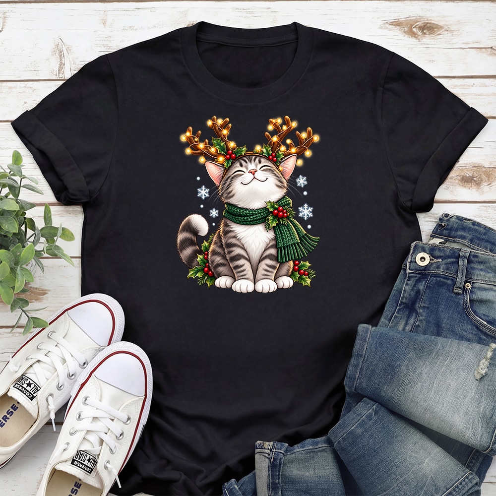 Cat Christmas Antlers Standard Tee Black