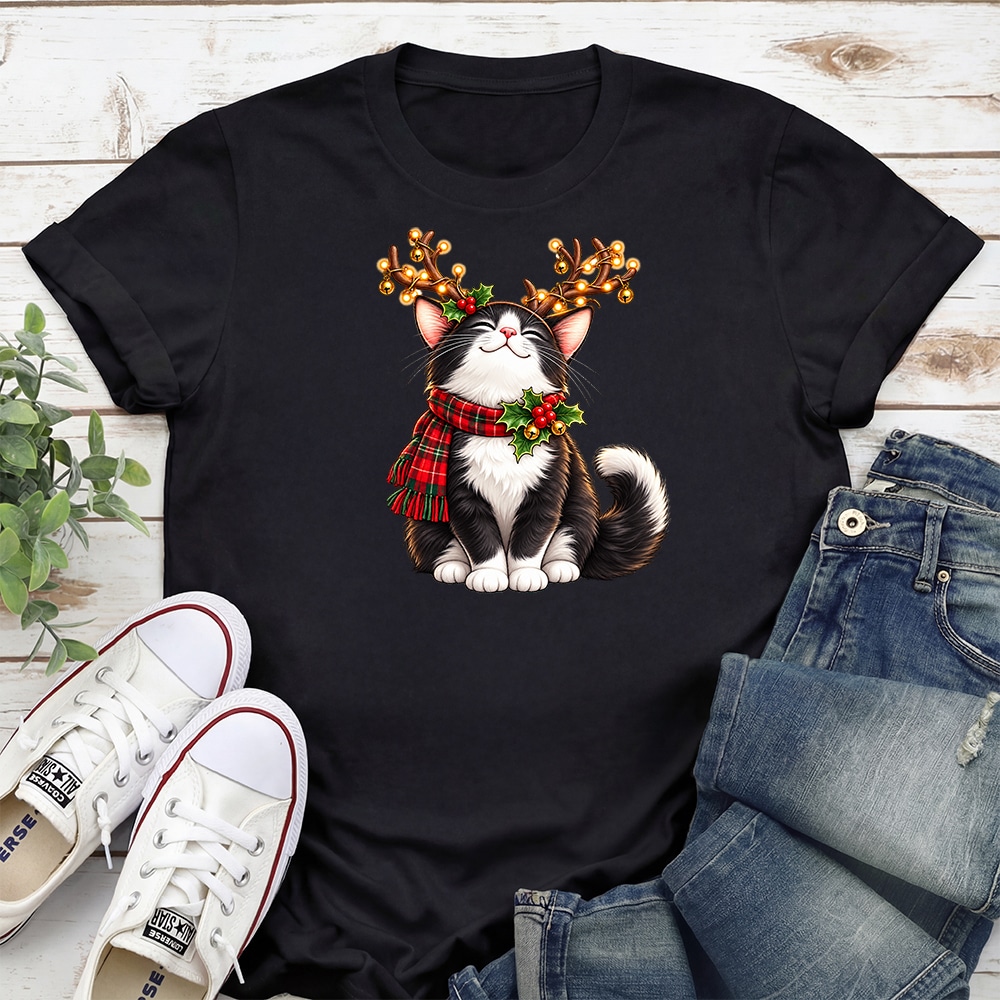 Christmas Kitty Antlers Standard Tee Black
