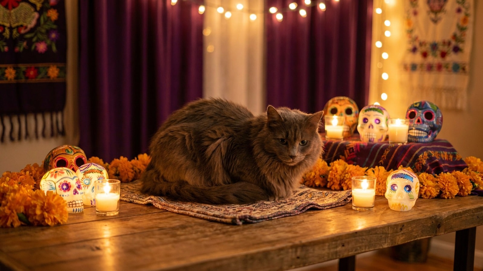 Fluffy grey cat sitting beside Día de Muertos sugar skull decorations and marigold flowers