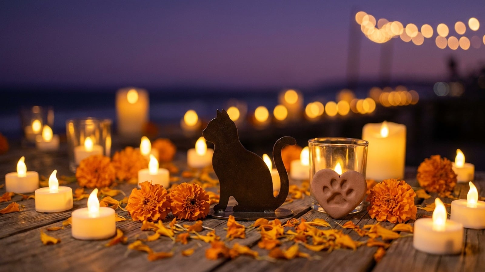 Cat memorial silhouette surrounded by glowing candles and marigold petals for Day of the Dead