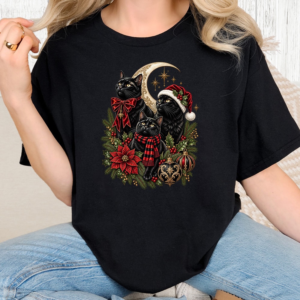 Comfort Colors Black Cat Christmas Vintage Washed Tee - Black