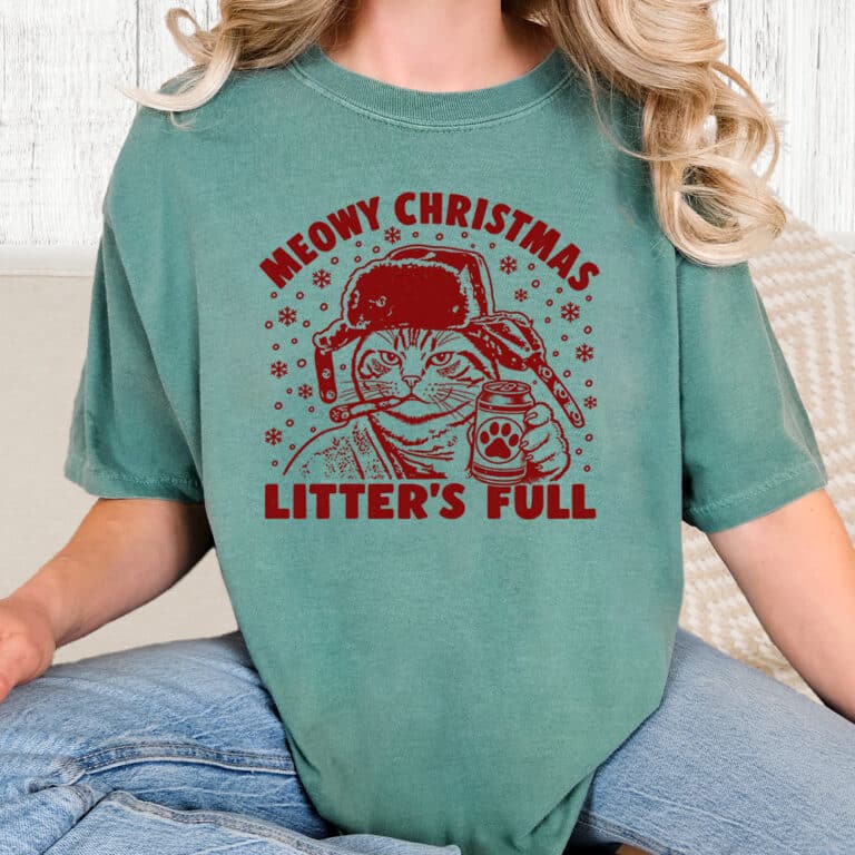 Comfort Colors Meowy Christmas Litter’s Full Vintage Washed Tee - Seafoam