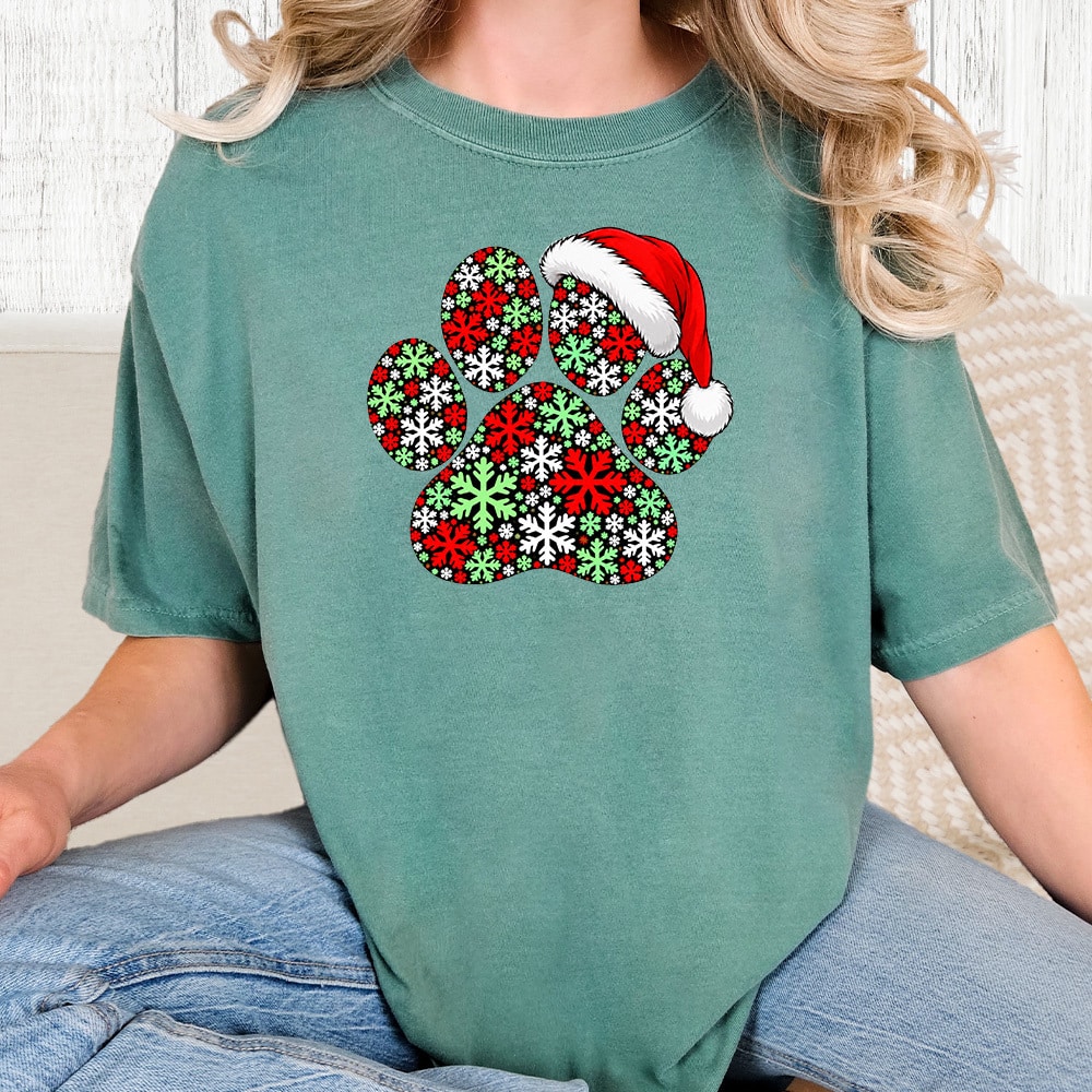 Comfort Colors Snowflake Christmas Paw Vintage Washed Tee - Seafoam